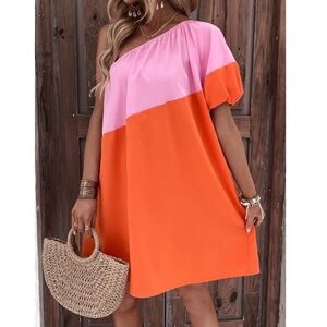 Pink and Orange One-Shoulder Dress